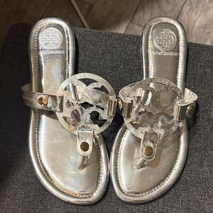 Tory Burch Metallic Silver Logo Thong Sandals